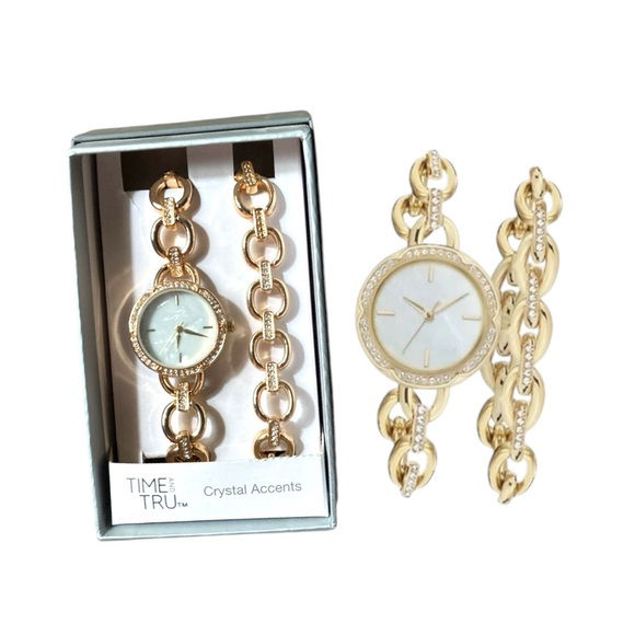 Faux Crystal Accents Gold Tone With White Rhinestones And Matching Bracelet - Picture 4 of 4